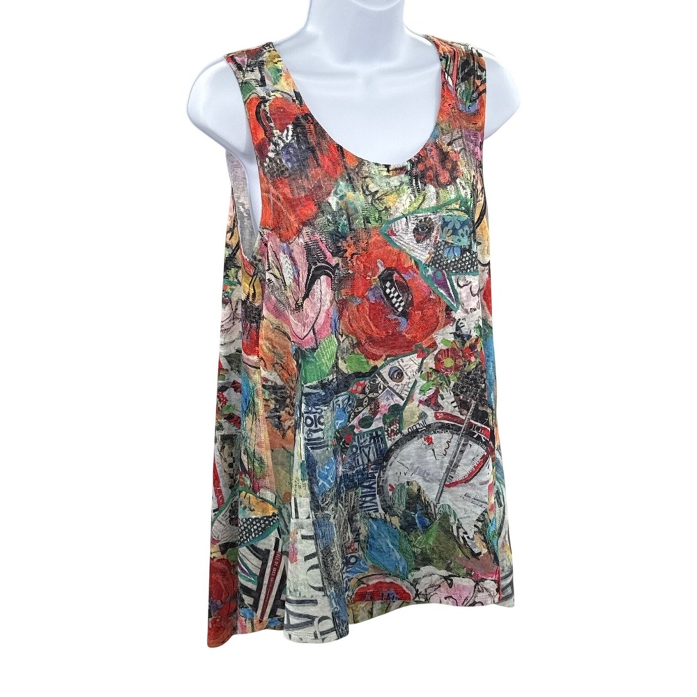 Et'Lois Multi Color Collage Print Sleeveless A-Line Tank Top High Low Hem